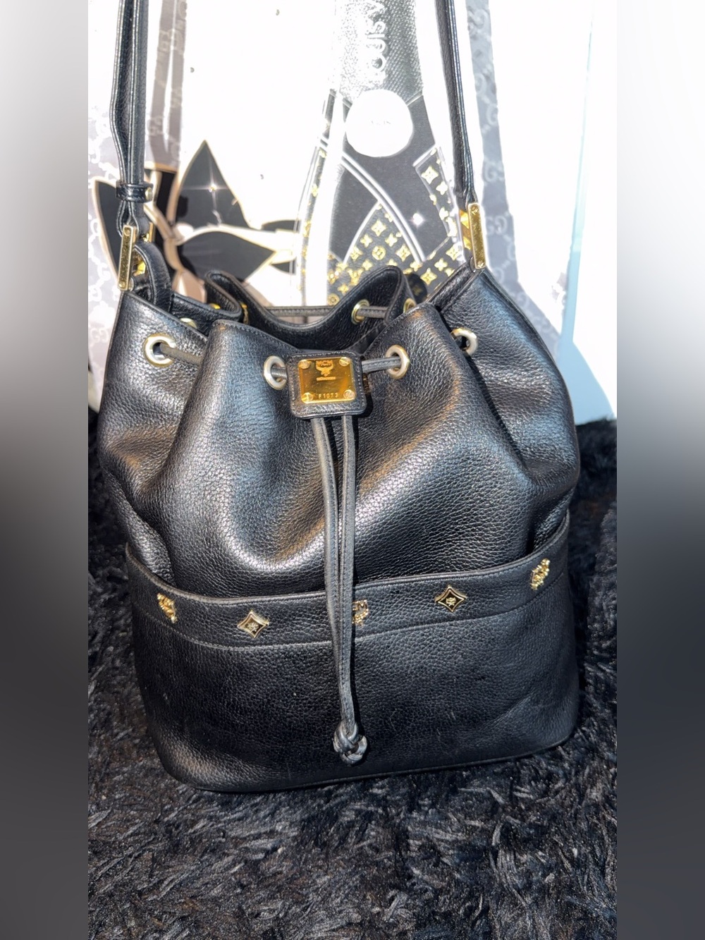 MCM Drawstring Bucket Bag with Gold Accents